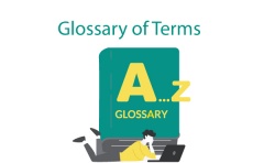 Graphic titled Glossary of terms, with a man looking at a computer in front of a big book titled Glossary