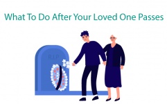 Graphic titled What to do after your loved one passes, with a couple leaving flower on a thomb