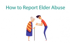 Graphic titled How to report elder abuse, with an old lady in front of a thieve